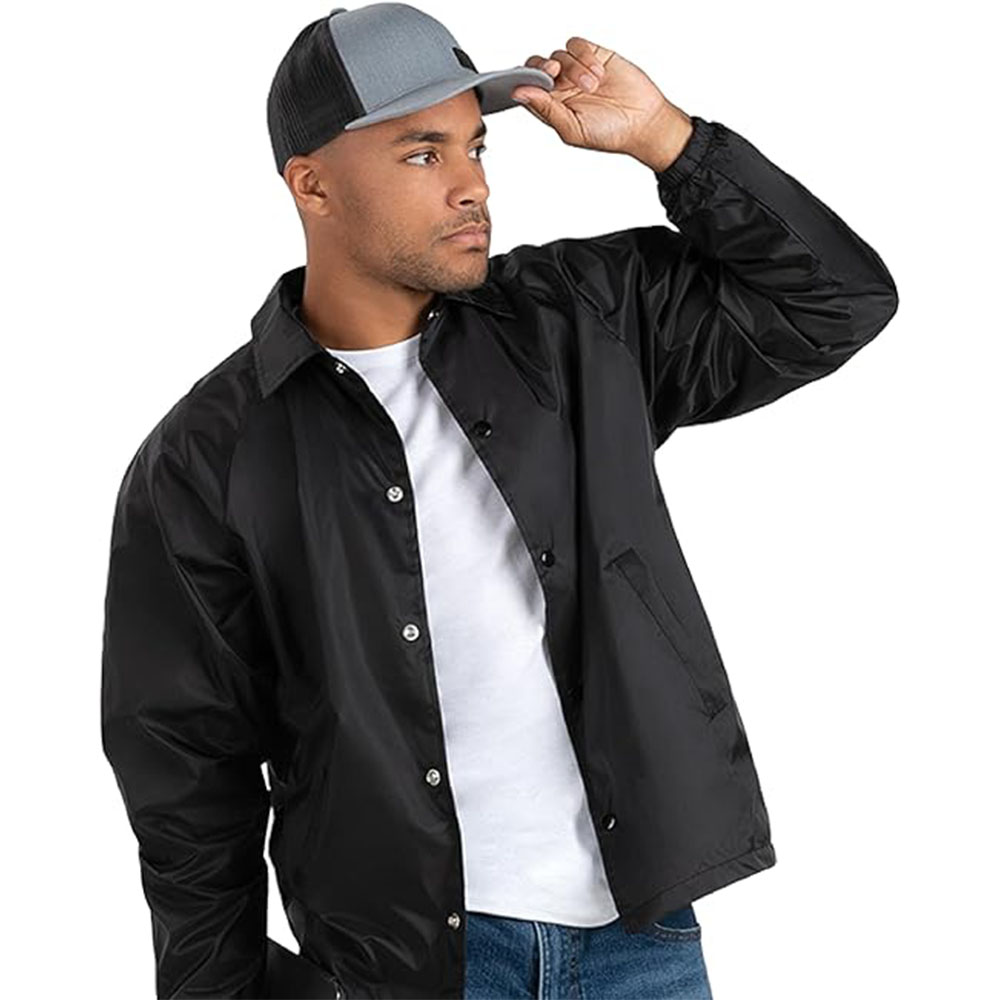 coach jacket men zip up Black Lightweight Coach Windbreaker Jacket with full zip closure, adjustable cuffs, water-resistant fabric, and minimalist design, perfect for casual and outdoor wear.