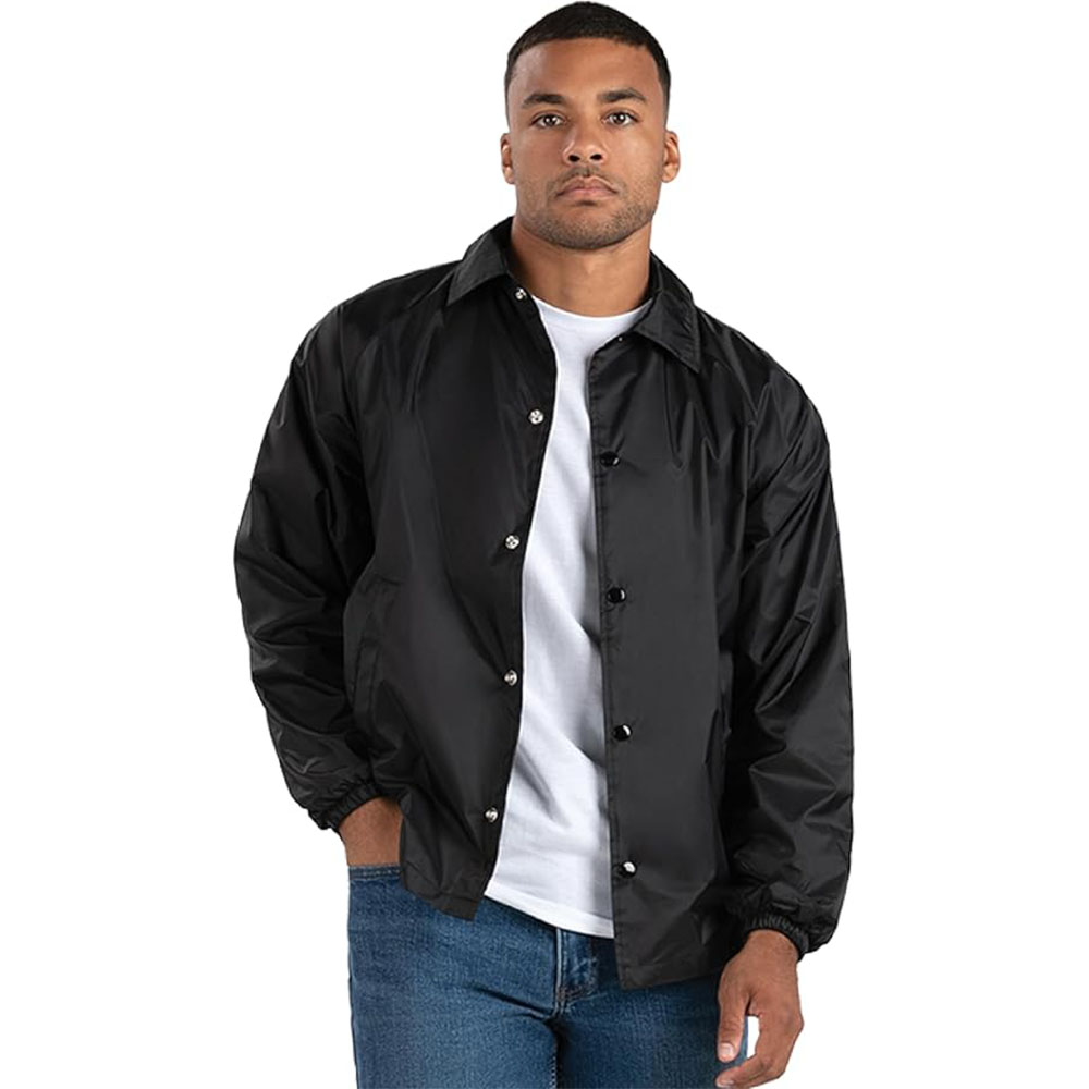 coach jacket men zip up Black Lightweight Coach Windbreaker Jacket with full zip closure, adjustable cuffs, water-resistant fabric, and minimalist design, perfect for casual and outdoor wear.