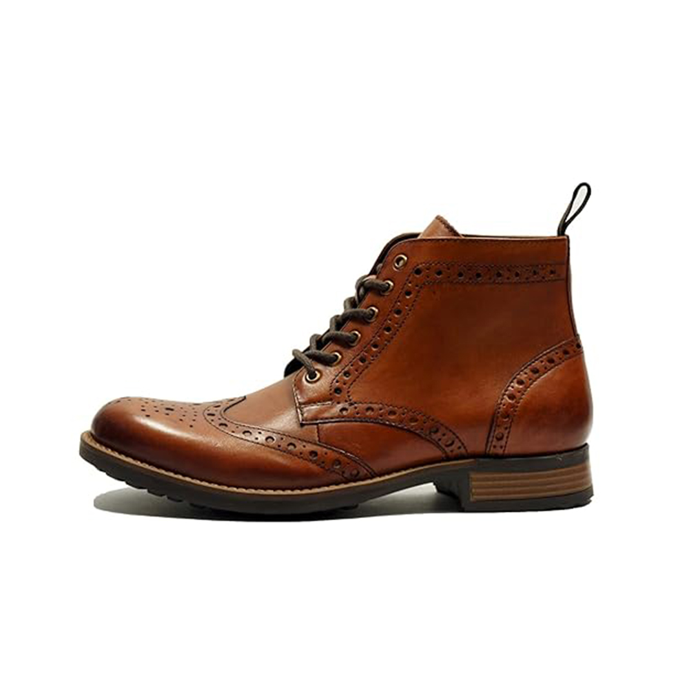 leather shoes Pair of leather shoes stylish brown leather brogue boots with intricate detailing, classic lace-up design, and durable sole