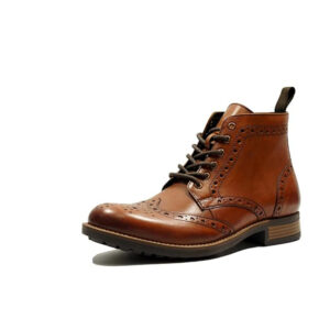 Pair of leather shoes stylish brown leather brogue boots with intricate detailing, classic lace-up design, and durable sole
