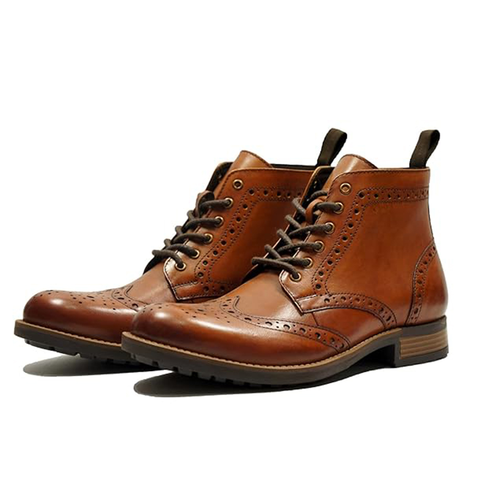leather shoes Pair of leather shoes stylish brown leather brogue boots with intricate detailing, classic lace-up design, and durable sole